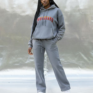 Ensemble 2 pièces pour femme de haute qualité, sweat-shirt à capuche et pantalon de survêtement évasé en coton 100% respirant, couleur unie, broderie streetwear d'hiver - Product Image 1