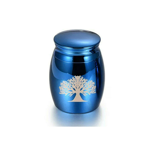 Blue Metal Cremation <b>Urn</b> with Tree Design for Adult Ashes Storage - Product Image 1
