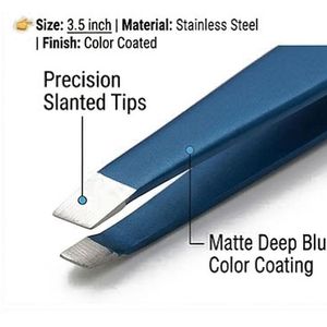 Pinzas Profesionales de Punta Inclinada de 3.5 Pulgadas, Color Azul, Recubiertas, Pinzas de Precisión para Depilación de Cejas - Product Image 2