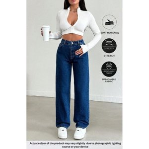 Jean en denim bleu pierre de luxe pour femme, coupe large rétro, taille haute, coupe décontractée, extensible doux, durable, écologique, style streetwear - Product Image 2