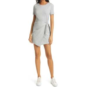 Abito T-shirt Grigio Mélange Vintage con Laccio in Vita XS-XL, Traspirante in Acetato, Lunghezza al Ginocchio, Tinta Unita, con Nappe Cucite, Naturale, per il Giorno - Product Image 1