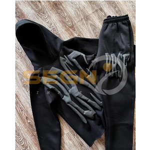 Conjunto de sudadera con capucha y pantalones de chándal con parches bordados desgastados personalizados para hombre, chándal lavado con ácido - Product Image 5