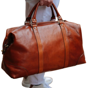 Genuine <b>Leather</b> High Quality Modern Travel Duffel <b>Bag</b> Large Tan Weekend <b>Overnight</b> Adjustable Strap Brass Hardware Zipper Durable - Product Image 1