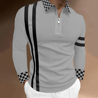 T-shirt respirant pour homme, coupe ajustée, manches longues, motif rayé et col à carreaux, style streetwear, en polyester tricoté