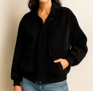 Veste en cuir suédé vintage pour femmes, détail boutonné, coupe-vent, automne/hiver, style rétro classique, douce, confortable et chaude - Product Image 1