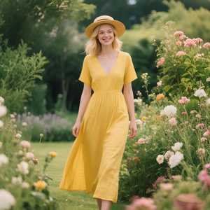 Robe midi en lin et coton jaune, col en V, robe décontractée d'été avec taille élastique, légère et fluide, tenue d'été pour femmes - Product Image 1