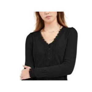 Top in maglia American Rag Junior con bottoni sul davanti e finiture in pizzo, nero, taglia media - Product Image 2