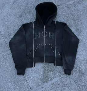 Custom Men Winter Fleece Jogger Sets Vintage Cotton Acid Wash Tracksuit Embroidery <b>Applique</b> Regular Fit Drawstring Hoodie - Product Image 4