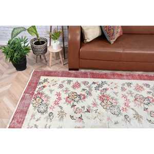 Vintage Turkish Rug, 5.7x8.9 ft Large Rug, <b>Red</b> White Abstract <b>Wool</b> Rug - Product Image 2