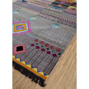 Tapis Manchaha grande surface noué à la main en laine et soie de bambou, motif géométrique Les-1460 pour salon, couloir, 10 mm, gris et noir - Product Image 2