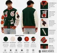 Veste de sport SINEWY pour homme, verte, style varsity, mélange de laine, manches en simili cuir, patchs en chenille, fermeture éclair, écologique