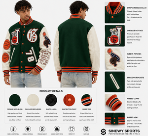 Veste de sport SINEWY pour homme, verte, style varsity, avec patchs en chenille, boutons pression sur le devant, manches en simili cuir, style vintage - Product Image 1