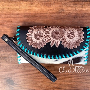 Cartera de cuero RFID de lujo hecha a mano con estampado floral de piel de vaca occidental para mujer, soporte para tarjetas de crédito y artículos esenciales diarios - Product Image 1