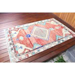 Turkish Vintage Accent Rug 3.5x5.6 ft, <b>Red</b> Southwestern Rug <b>Wool</b> - Product Image 2