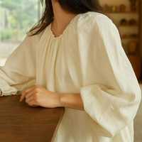 Robe ample bohème vintage en coton, col mandarin, manches bouffantes, écologique, respirante, lavable, infroissable, teinte unie, élégante