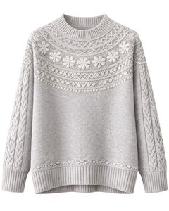 Customized Light Grey Jacquard Knit Sweater Floral Textured Crew Neck Long Sleeve Winter Pullover For Women Custom Wholesale - Product Image 1