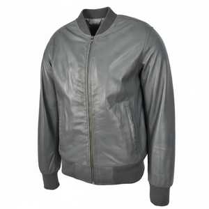 Blouson aviateur en cuir véritable gris pour homme, col en tricot côtelé, style vintage, veste décontractée zippée, doublure en peau d'agneau douce, vêtement d'extérieur d'hiver - Product Image 4