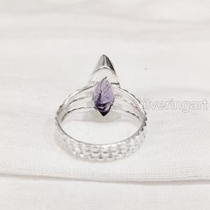 Anillo de Plata de Ley 925 con Amatista Natural en Bruto para Mujer, Gema de Febrero, Banda Punteada, Joyería de Piedra Natural, Regalo de Navidad - Product Image 6