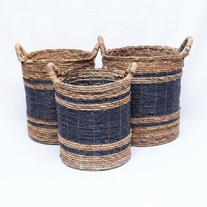 Natural Banana Bark Recycled <b>Plastic</b> <b>Basket</b> Set Black Stripe Coiled Cylinder Arch Handle Pot Planter Pure Art Setup Room Decor - Product Image 1