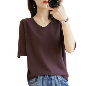 Camiseta de mujer novedad de verano 100% algodón tejido transpirable manga Casual sólido camisetas sueltas cuello en V pulóver Tops - Product Image 1