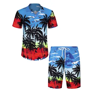 Stampa estiva su tutto il nuovo set di pantaloncini da spiaggia con stampa sublimata personalizzata camicia da uomo in due pezzi e set corti all'ingrosso