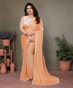 LUXE POLYESTER ZARI UNI SAREE AVEC BRODERIE TRAVAIL NON COUDU BLOUSE VÊTEMENT DE FÊTE PRIX DE GROS VÊTEMENT ETHNIQUE ORANGE - Product Image 1