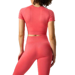 Top corto de secado rápido de Color sólido para mujer, camiseta de entrenamiento de gimnasio que absorbe el sudor de verano con manga corta lisa - Product Image 2