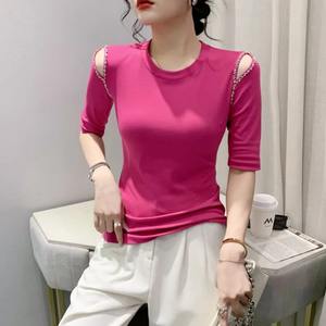 Camiseta ajustada de media manga de buena calidad para mujer, camiseta ajustada Sexy con diamantes, cuello redondo de algodón elástico de estilo femenino - Product Image 2