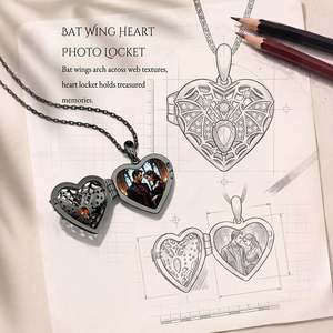 Jeulia Custom Bat Wing Heart Photo <b>Locket</b>-Stainless Steel Religious Pendant with Diamond and Pearl Accents - Product Image 6