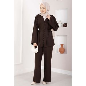 Conjunto Casual Británico de Dos Piezas en Color Café, Blazer y Pantalones Cortos con Cinturón Abotonado, Tela Crepé, Estilo Club para Otoño - Product Image 4