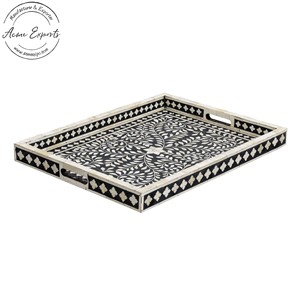 Manufacturer Handcrafted Bone Inlay Serving <b>Tray</b> with Black & White Floral Pattern Used for <b>Table</b> Top Decoration and Serving - Product Image 1