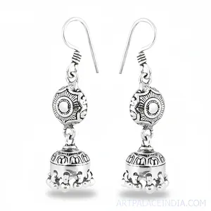 Boucles d'oreilles Jhumka en argent plaqué 925 pour femmes, pendentif ethnique vintage, perle d'eau douce du Rajasthan, pour un style de fête - Product Image 2
