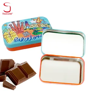 Stampa personalizzata senza latta di plastica confezione per alimenti rettangolare cerniera metallo contenitore piccolo cioccolato scatola di latta