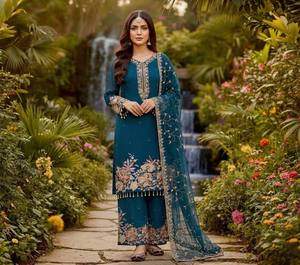 NEW DESIGNER <b>EID</b> SPECIAL PARTY HEAVY EMBROIDERY SEQUENCE WORK TOP PANT DUPATTA PIECE SUIT SET CHINON SILK READY WEAR - Product Image 4