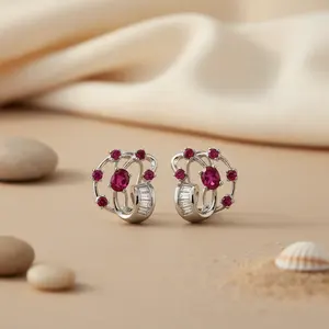 18K Gold Cute Style Ruby & Diamond Dangle <b>Earrings</b> <b>for</b> <b>Women</b> Drop & <b>Stud</b> Ear Jewelry with Flower Pattern <b>for</b> Wedding - Product Image 1