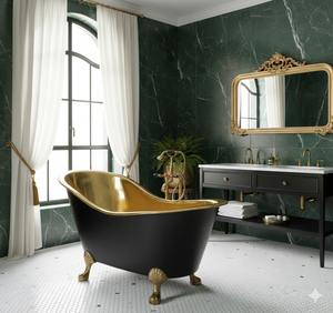 Bañera Ovalada Independiente de Latón Premium, Hecha a Mano, Estilo Lujoso y Elegante, Acabado en Esmalte Negro/Latón Pulido, con Función de Baño de Vapor - Product Image 3