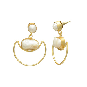 Oyster White Natural Freshwater Pearl <b>Moon</b> Shape Vintage Christian Stud <b>Earrings</b> Brass 24K Gold Plated Handmade Statement Women - Product Image 2
