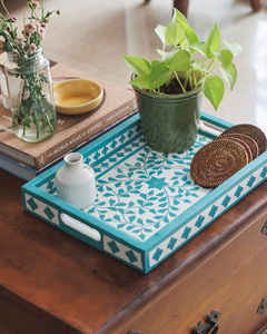 Plateau de service rectangulaire en incrustation d'os en bois naturel de haute qualité, dernière conception pour la maison, inspiré des hôtels, en Inde - Product Image 1