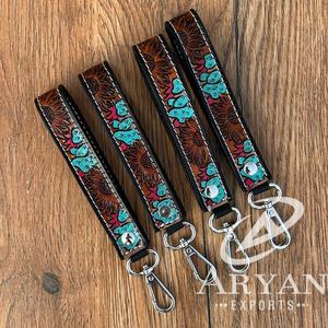 Llavero de cuero de vaca y mecanizado a mano de moda occidental llaveros y muñequeras 100% cuero genuino Cordón de muñeca para mujer llavero de coche - Product Image 1