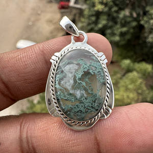 Collar con Colgante de Piedra Preciosa de Ágata Musgosa Natural |   Joyería Hecha a Mano de Plata de Ley 925 de Estilo Bohemio Sin Cadena - Product Image 1