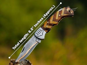 Couteau de poche pliant d'extérieur le plus vendu, lame en acier Damas cuivré à biseau, manche en bois tactique de survie pour le camping et la chasse - Product Image 3