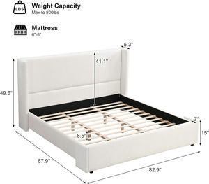 TRIHO-HB-074 Luxury King <b>Bed</b> <b>Frame</b> with 41.1" Tall Wingback Headboard, Elegant White Upholstered <b>Bed</b>, Solid Wood Slats, Modern - Product Image 2