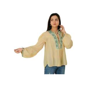 Camisas Casuales de Algodón con Encaje Bordado, Blusa Amarilla Hecha a Mano, Manga Larga, Estilo Boho, Ropa de Verano - Product Image 2