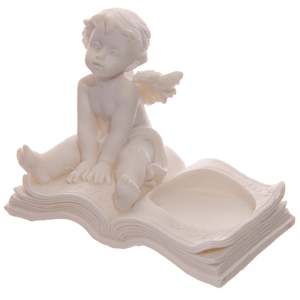Porte-bougie tealight en forme d'ange avec petit ange assis sur un livre pour la décoration de la chambre des bébés et des enfants - Product Image 1