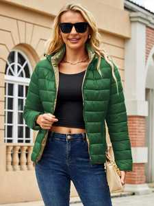 Veste bomber courte matelassée verte pour femme, automne/hiver, capuche, légère, doudoune, fermeture éclair sur le devant, confortable, chaude, vêtements d'extérieur pour le quotidien, froid - Product Image 5