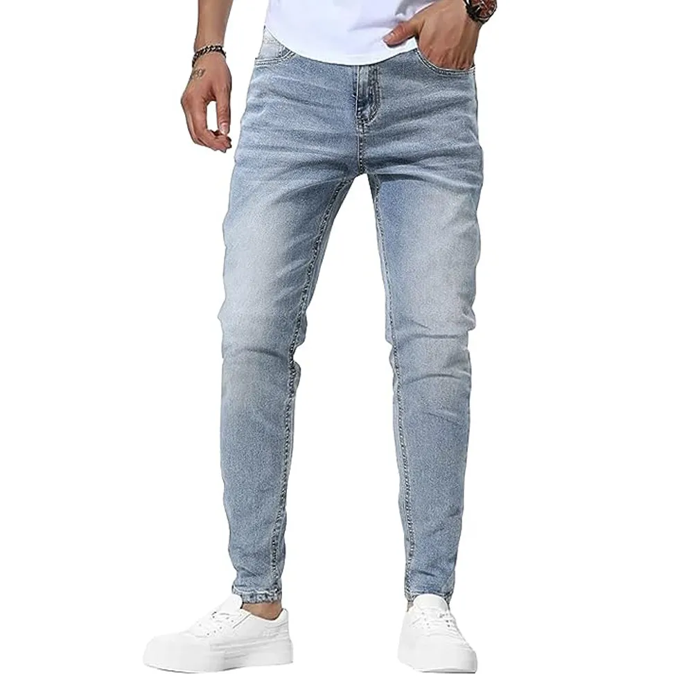 Nouveaux pantalons jeans bleus délavés et extensibles pour hommes pour jeunes hommes sans déchirure et sans déchirure OEM et ODM pour hommes