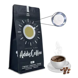 Bolsa de café resellable Bolsa de cremallera de fondo plano Embalaje de plástico Bolsa de papel de aluminio con válvula de liberación de aire