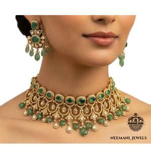 Green Dublet <b>Emerald</b> Cut Polki Choker for Weddings - Product Image 4