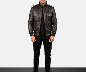 Chaqueta de cuero auténtico marrón de cuello alto para hombre Estilo bombardero con forro de viscosa acolchado con cuello con capucha Tela tejida con bolsillo y cremallera - Product Image 5
