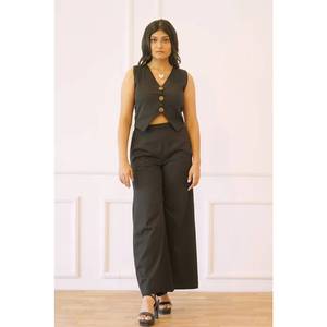 2-Piece Casual <b>Black</b> Cotton Office Wear for Plus Size <b>Women</b> Waist Coat <b>Pants</b> Coord Smart Workwear Set Made in India - Product Image 1